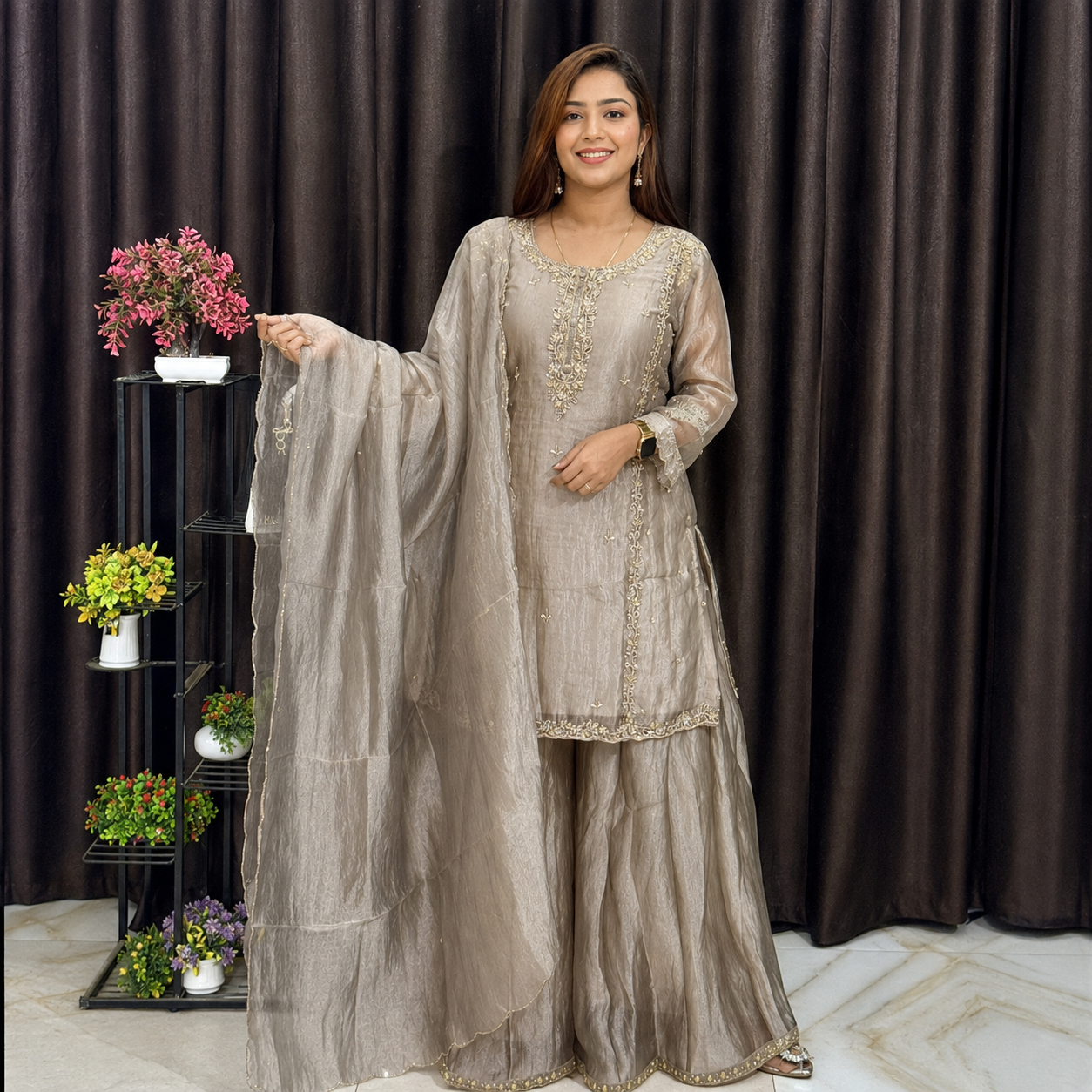 NF0641901 Premium Glitter Crush Tissue Mirror Handwork Sharara Suit Set - Image 1