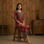 Premium Cotton Ajrakh Vegetable Print Straight Kurti - Image 4