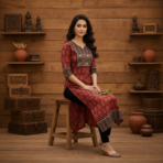 Premium Cotton Ajrakh Vegetable Print Straight Kurti - Image 5