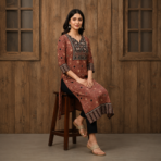 Premium Cotton Ajrakh Vegetable Print Straight Kurti - Image 7