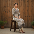 Premium Cotton Ajrakh Vegetable Print Straight Kurti - Image 2