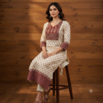 Premium Cotton Ajrakh Vegetable Print Straight Kurti - Image 3