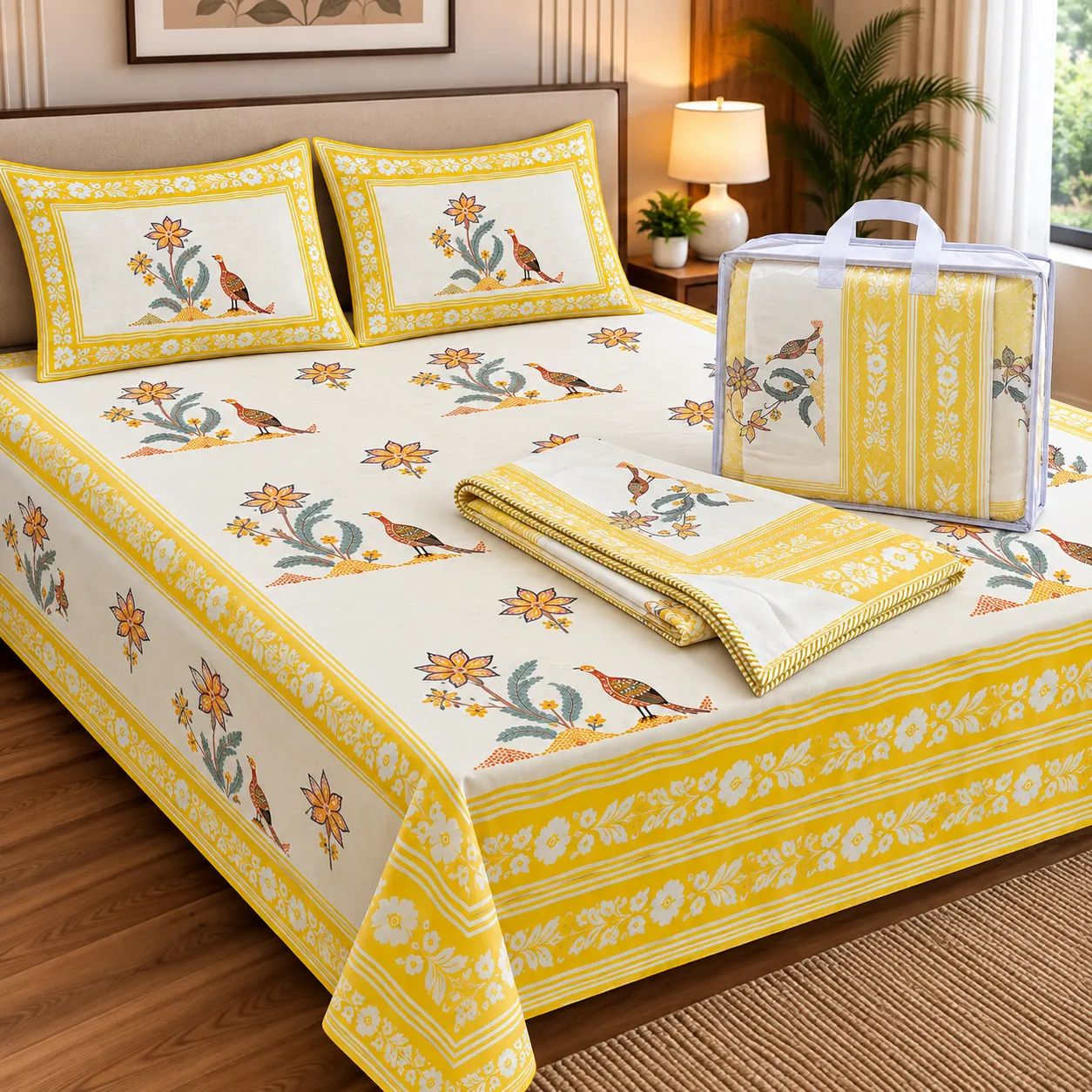 King Size Cotton Bedsheet and Dohar Combo Set with Traditional Bird and Floral Print