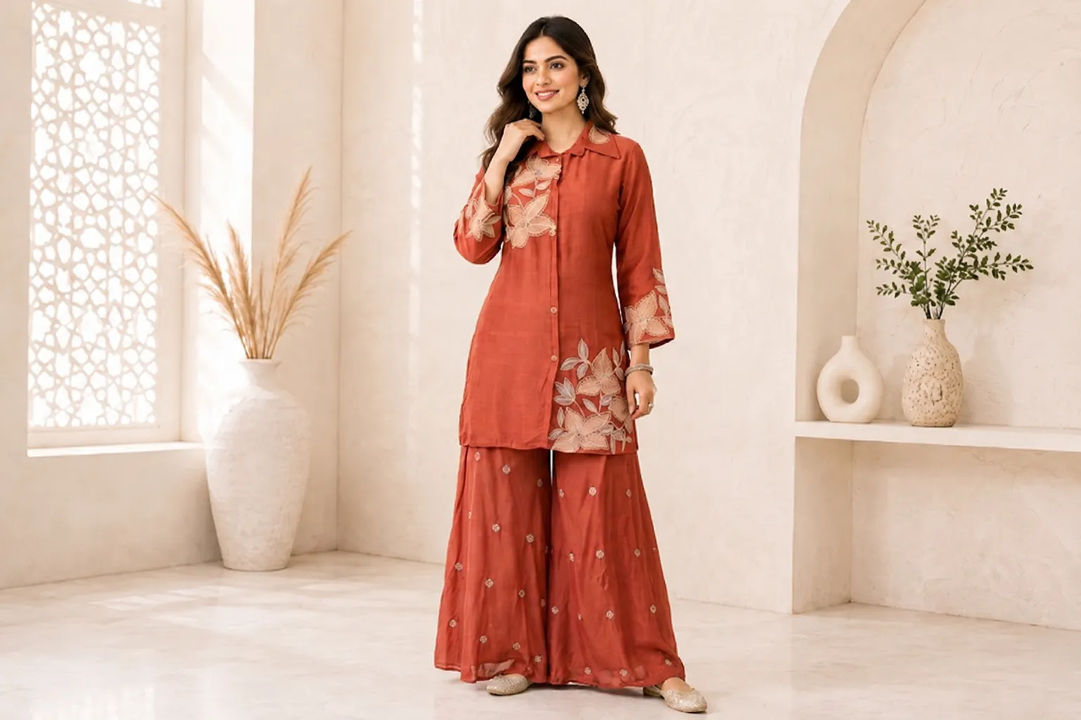 NF0505101 Floral Handwork C-Cut Top & Pant Set - Image 1