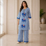 Blue Striped Pure Cotton Elephant Work Kurta Pant Set