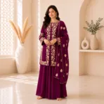 Magenta Pure Bichitra Glazy Silk Indo Western Skirt Top Set